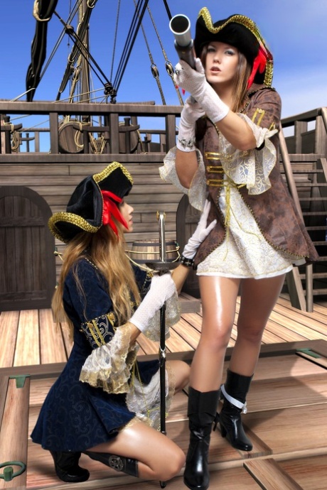 Female pirates partake in lesbian foreplay while on board a vessel