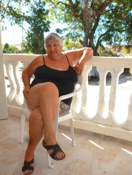 Fat oma Grandma Libby gets completely naked on a balcony by herself