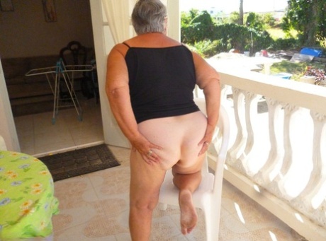 Fat oma Grandma Libby gets completely naked on a balcony by herself
