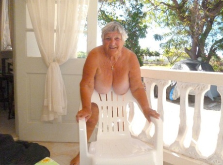 Fat oma Grandma Libby gets completely naked on a balcony by herself