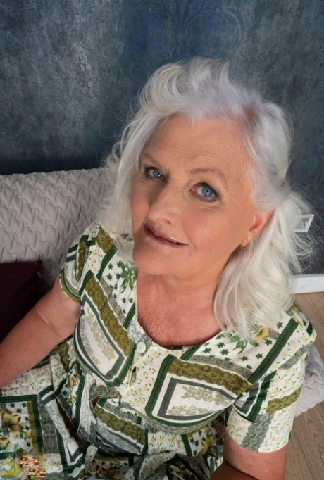 Granny with grey hair Juliene strips her dress and cuddles with a hot guy