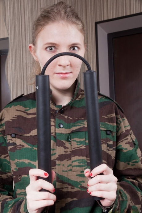 Small titted army girl Lavatta W stripping and presenting her hairy muff